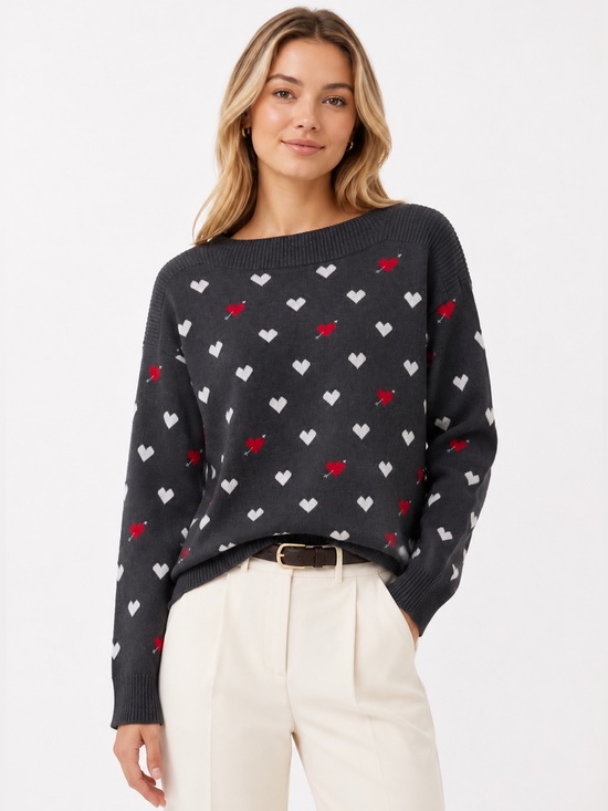 LOFT Sweaters - Ann Taylor Heart Print Charcoal Grey Boatneck Sweater L